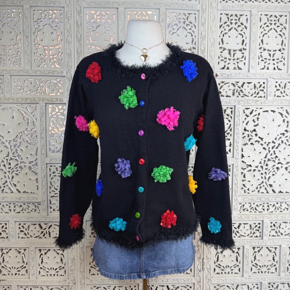 Design Options By Philip &‎ Jane Gordon Black Colorful Cardigan Sz M Artsy Indie